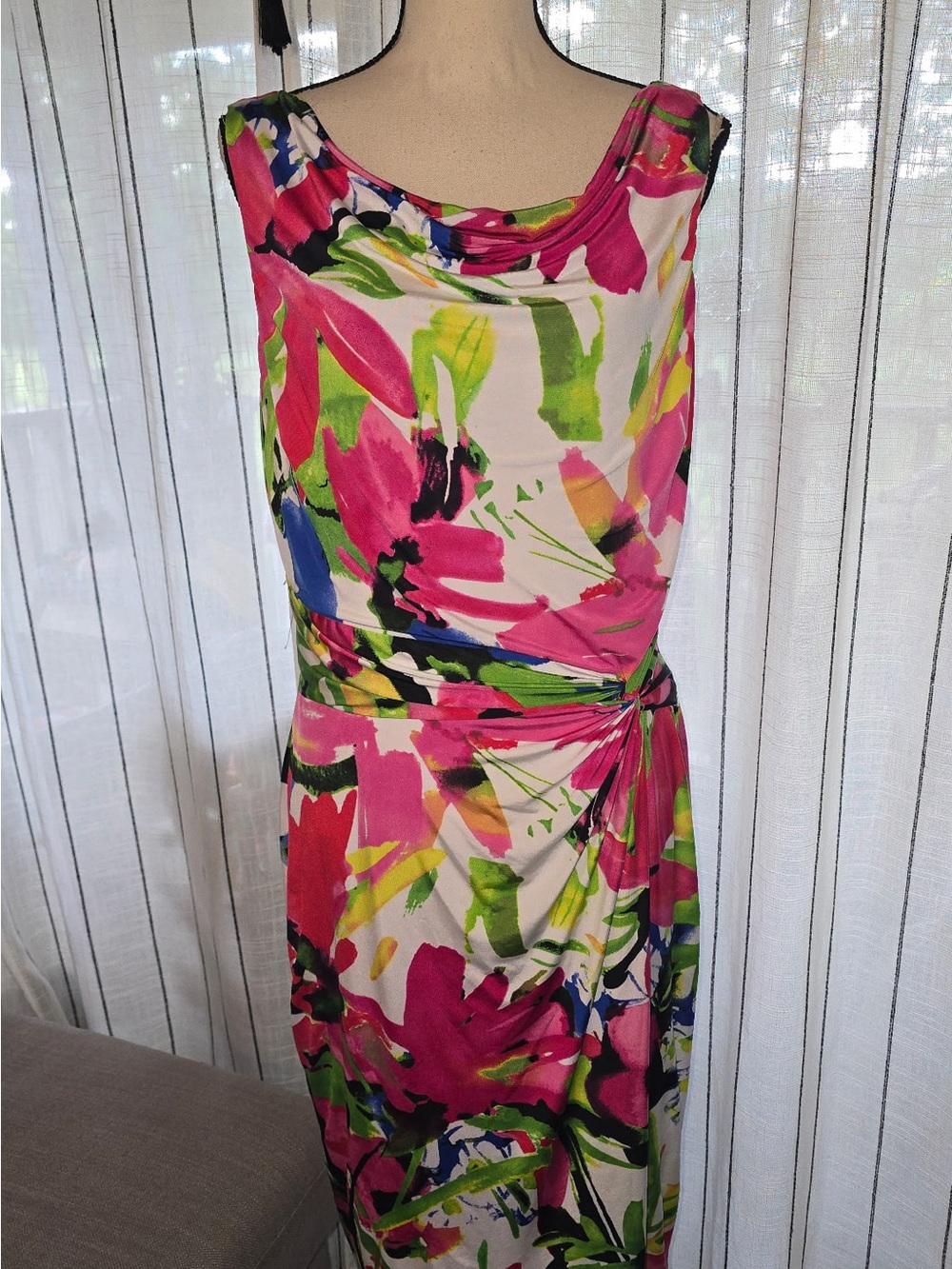 Ralph Lauren Cowl-Neck Floral Midi Dress in Pink, Green & Blue